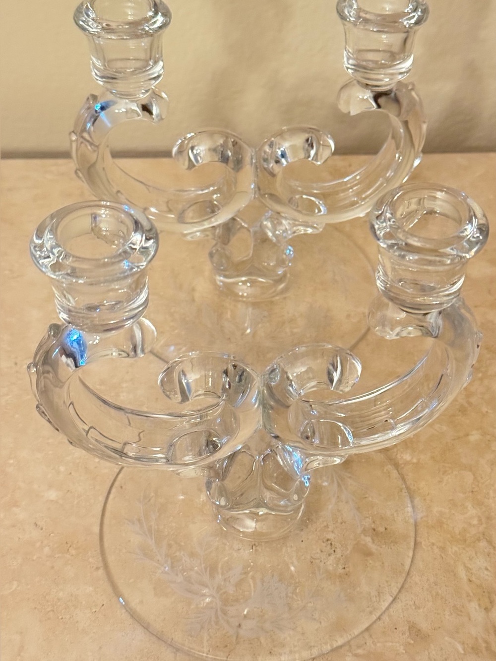 Clear Glass Etched Floral 4 Arm Candelabra Candle Holder 7 inches Tall.
